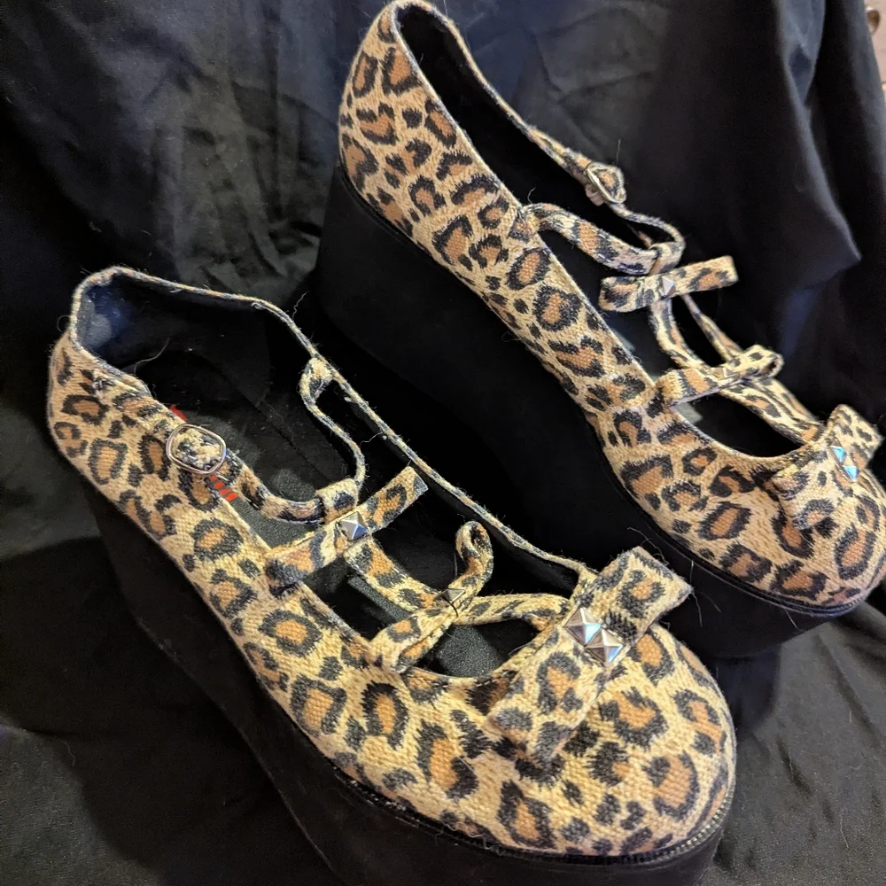 Demonia Studded Cheetah Print Platform Shoes